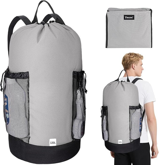 BALEINE 120L Laundry Bag Backpack, 900D Oxford Fabric Large Travel Laundry Bags with Shoulder Straps and 2 Mesh Pockets for College Dorm, Apartment, Laundromat (Gray, 120L)-CubbioJoy