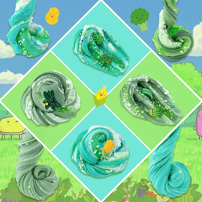 6 Packs Gradient Green Slime Kit - Cloud Butter Clear Slime, Crunchy Slimes for Kids with Various Slime Add-ins, Non Sticky Slimes Party Favors for Girls and Boys-CubbioJoy