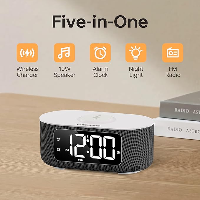 JALL Fabric Alarm Clock for Bedroom, with Big Led Screen Display, Bluetooth Stereo Sound Speaker, FM Radio, Fast Wireless Charging, USB Charging Port, Nightlight, White Noise, Ideal for Gift, Black-CubbioJoy