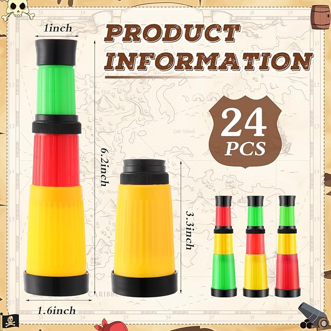 24 Pcs Plastic Pirate Telescope for Pirate Party Favors Portable Pocket Educational Science Spyglass Mini Monocular for Pirate Birthday Party Supplies Halloween Treasure Hunt-CubbioJoy
