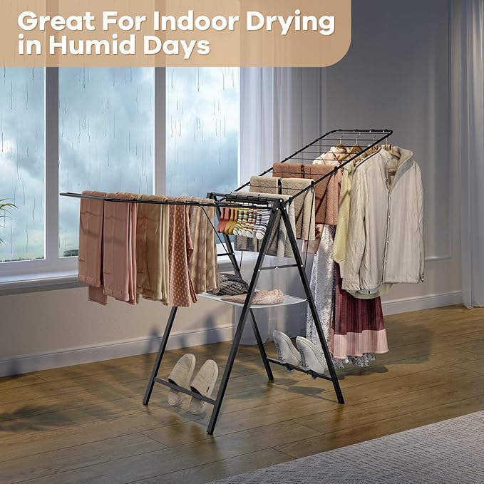 APEXCHASER Clothes Drying Rack Foldable, Metal Laundry Drying Rack with Height Adjustable Rails, Ultra Thin Drying Rack Clothing Towel Sweater Shoe for Indoor Outdoor, Gullwing Clothes Airer, Black-CubbioJoy