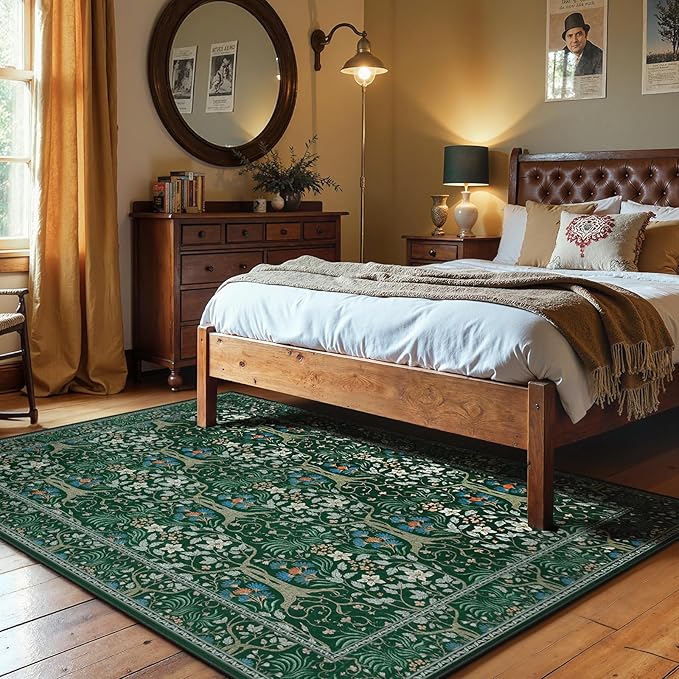 Joydeco Floral 5x7 Area Rugs for Living Room, Boho Dark Green Washable Rug Non Slip, Soft Low-Pile Botanical Forest Indoor Floor Throw Carpet for Office Dining Table Playroom Dorm-CubbioJoy