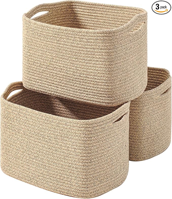 Decorative Storage Baskets for Organizing Shelves, Toy Basket for Nursery, Woven Cotton Rope Baskets for Decor, Towel Basket for Bathroom, 15"x11"x9.5", 3 Packs, Brown-CubbioJoy