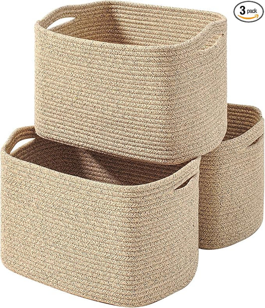 Decorative Storage Baskets for Organizing Shelves, Toy Basket for Nursery, Woven Cotton Rope Baskets for Decor, Towel Basket for Bathroom, 15"x11"x9.5", 3 Packs, Brown-CubbioJoy