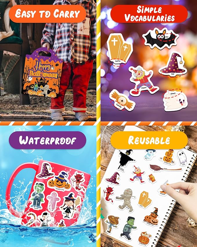 Benresive Reusable Sticker Book for Toddlers 2-4 Years, Fun Travel Stickers for Kids, Waterproof Sticker Books for Toddlers 1-3, Crafts Activities for Todddlers 1-3 2-4 3-5 - Halloween-CubbioJoy