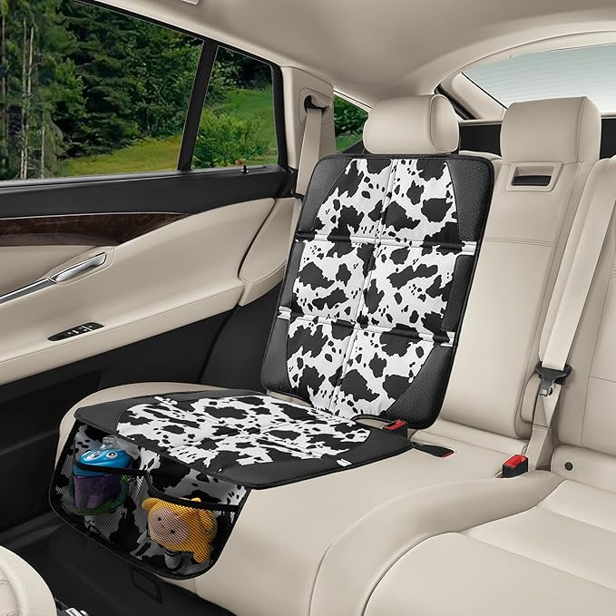 Car Seat Protector for Child Car Seat, 2 Pack Baby Car Seat Covers with Mesh Pockets & Non-Slip Backing 600D Durable Seat Protector Under Baby Car Seat for Car Back Seat (Cow Print, Large)-CubbioJoy
