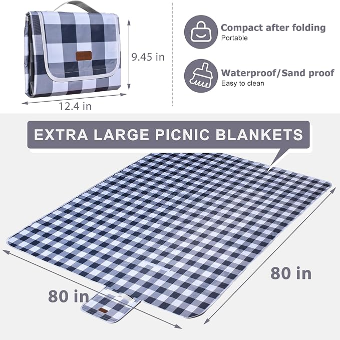 80"x80" Extra Large Waterproof Outdoor Mat - Sandproof Foldable Picnic Blanket for Family Camping, Backyard, Beach Parties - Heavy Duty & Easy Storage (Gray&White)-CubbioJoy