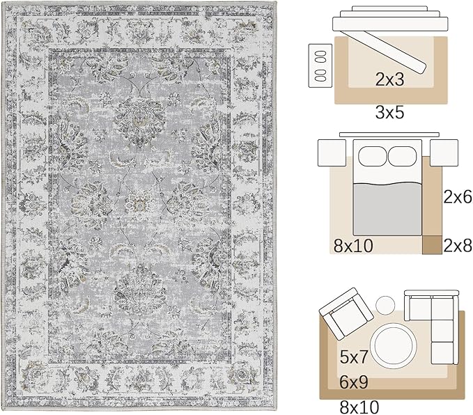 jinchan Floral 2x3 Rugs for Entryway - Vintage Washable Small Non-Slip Distressed Indoor Doormat Ultra-Thin Low-Pile Accent Rug for Entrance Kitchen Bedroom Bathroom (2x3ft,Grey)-CubbioJoy