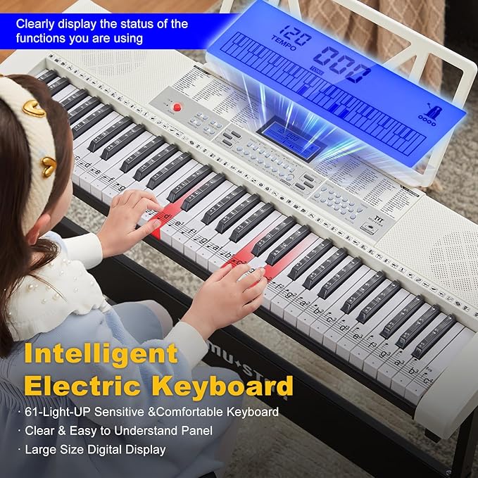 61 Key Piano Keyboard, Electric Keyboard Piano with Light-Up Keys, 255 Tones/Rhythms, Smart Learning System, Headphone, Microphone, Keyboard Stand, Stool, Stickers, Piano Keyboard Set for Beginners-CubbioJoy