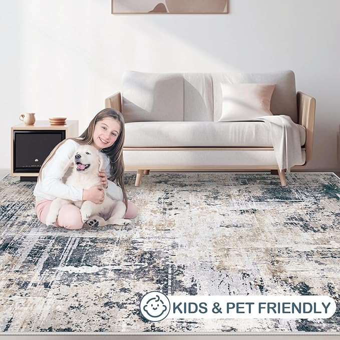 Area Rugs 5x7 Living Room: Washable Rug Modern Abstract Rugs Soft Non Slip Neutral Rug Stain Resistant Indoor Carpet for Bedroom Kitchen Dining Room Nursery Home Office Rugs(Black Brown,5'x7')-CubbioJoy