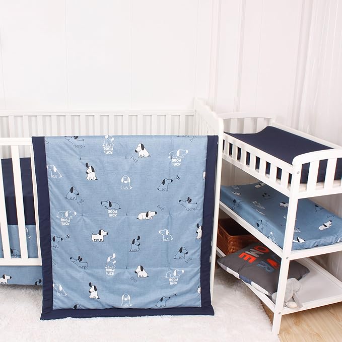 CaSaJa 4-Piece Crib Bedding Set for Boys and Girls, Nursery Baby Bedding Set Including Quilted Comforter with Fitted Crib Sheet and Changing Pad Covers, Reversible Quilt Design, Good Luck Puppy-CubbioJoy
