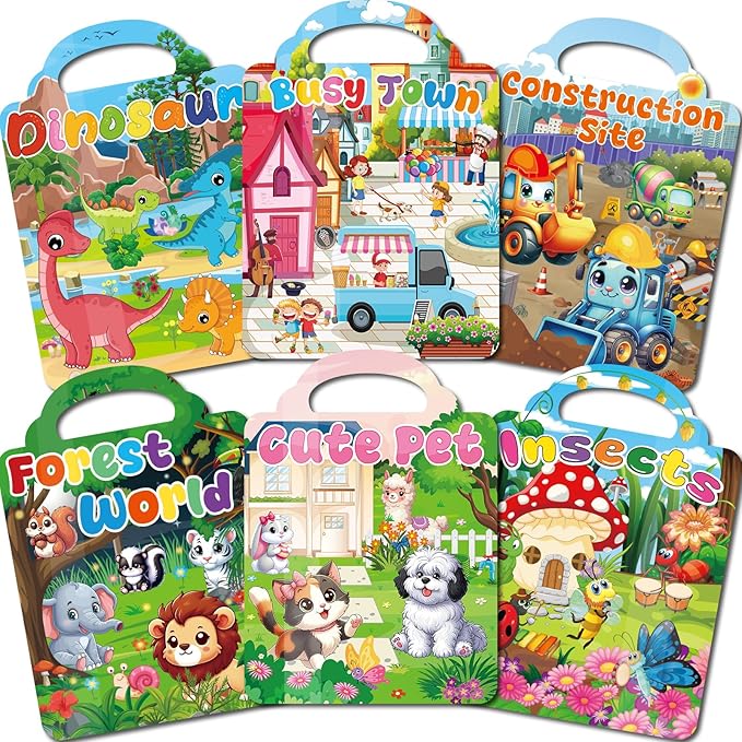 6 Set Reusable Sticker Books for Toddlers 2-4,1-3, Kids 3D Puffy Stickers (Dinosaurs, Forest, Town, Pets, Construction, Insects), Sticker Activity Books-CubbioJoy