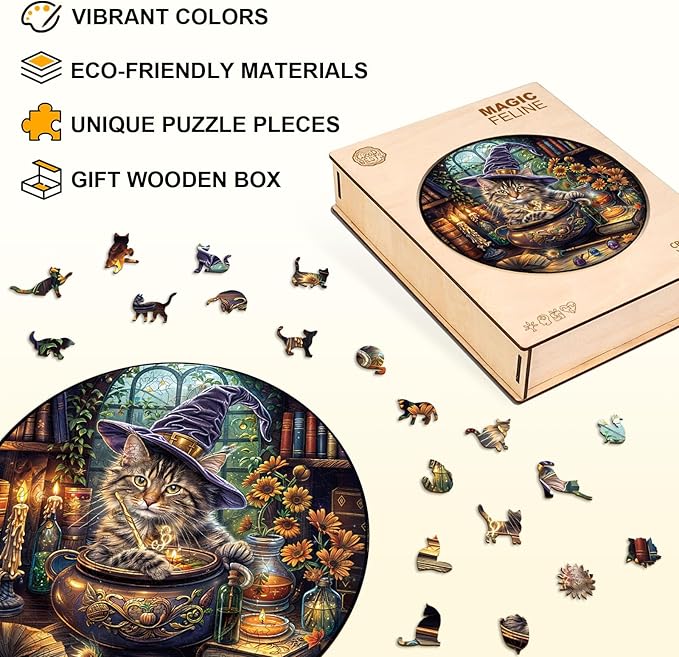 KAAYEE Wooden Puzzles for Adults, 3D Visual Effect Magic Feline Cat Wooden Jigsaw Puzzle Unique Shape Wood Puzzle Adult, 3D Effect Flat Puzzle Birthday Family Game (XL)-CubbioJoy
