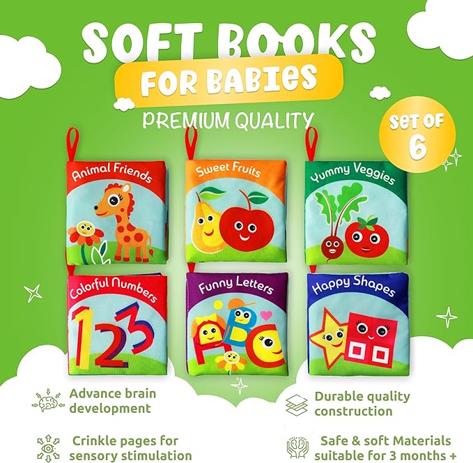 Cloth Books for Babies (Set of 6) - Premium Quality Soft Books for Babies. Touch and Feel Crinkle Paper. Cloth Books for Early Children's Development.-CubbioJoy