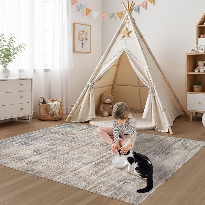 Area Rug for Living Room: 3x5 Washable Neutral Abstract Modern Soft Rugs Non Slip Indoor Floor Stain Resistant Carpet for Bedroom Dining Room Office Nursery - Brown-CubbioJoy