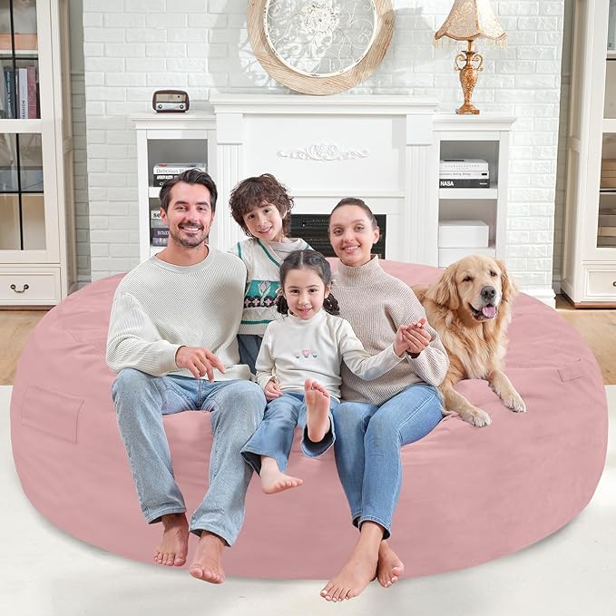 7FT Bean Bag Chair, Large Bean Bag Chairs with Memory Foam Filled, Fluffy Beanbag Sofa with Dutch Velvet Cover, Round BeanBag Chairs for Living Room, Playroom - Light Pink-CubbioJoy