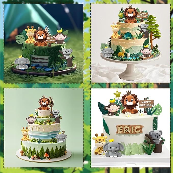 22PCS Safari Animal Cake Toppers & Wild One Birthday Decorations - Jungle Cake Topper with Leaves for Animal Themed Birthday Party Decorations, Safari Cake Decorations for Zoo Theme Cakes Accessories-CubbioJoy