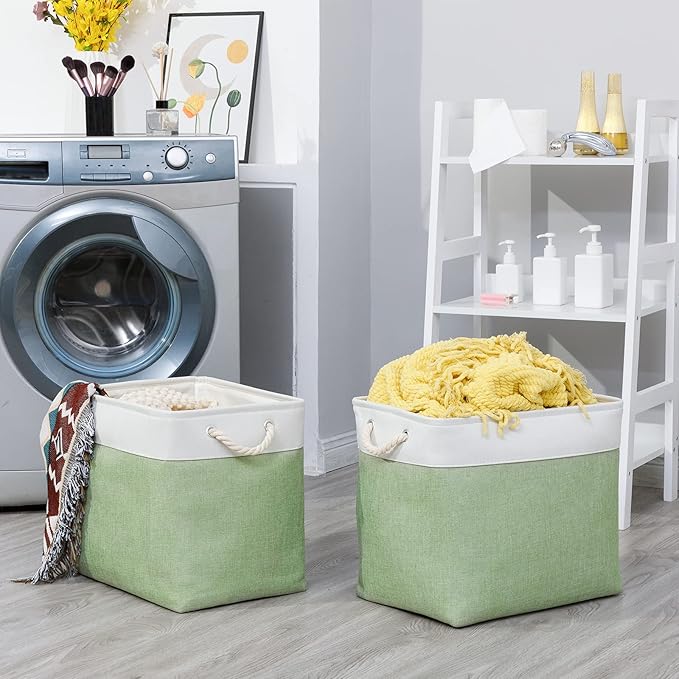 Bidtakay Large Storage Baskets for Nursery Toy Organizer Collapsible Organizing Baskets 17x12x15 In Green Canvas Bins for Organizing Set of 2 Clothes Decorative Baskets for Home Office Room Decor-CubbioJoy