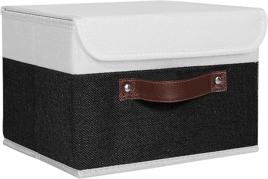 ANMINY Storage Boxes with Lids Washable Decorative Storage Bins Basket with PU Leather Handle Foldable Linen Fabric Storage Cubes Containers for Home Closet Organizer - Black White, Small Size-CubbioJoy