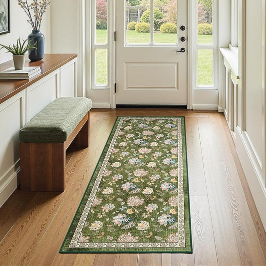 jinchan 2x5 Floral Runner Rug for Hallway Washable Kitchen Runner Vintage Romance Design Non Slip Thin Indoor Floor Cover Low-Profile Throw Carpet for Entryway Bathroom Bedroom Porch, Green-CubbioJoy