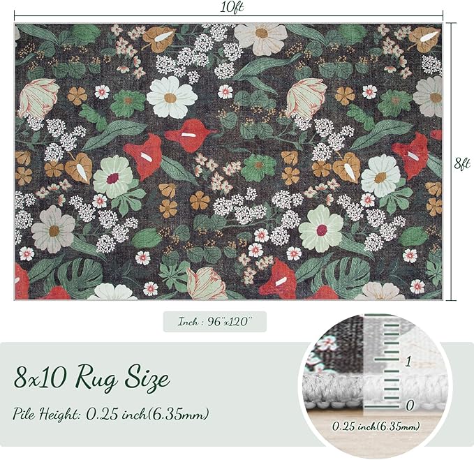 8x10 Area Rug for Living Room: Vintage Floral Washable Rug Soft Boho Non Slip Carpet Large Indoor Floor Non Shedding Low Pile Thin Carpets for Bedroom Dining Room Farmhouse Nursery Home Office Green-CubbioJoy
