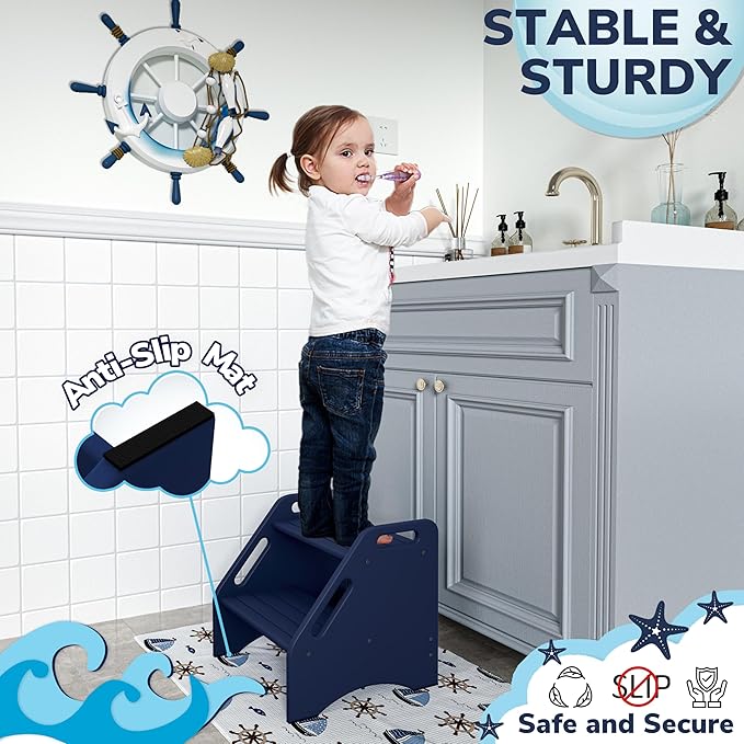 AMBIRD Wooden Step Stool, Two Step Stools Toddler 300 lbs Capacity with Safety Non-Slip Pads and Handles, Bamboo Step Stool for Bathroom, Kitchen Dual Height Step Stools for Kids (Navy Blue)-CubbioJoy
