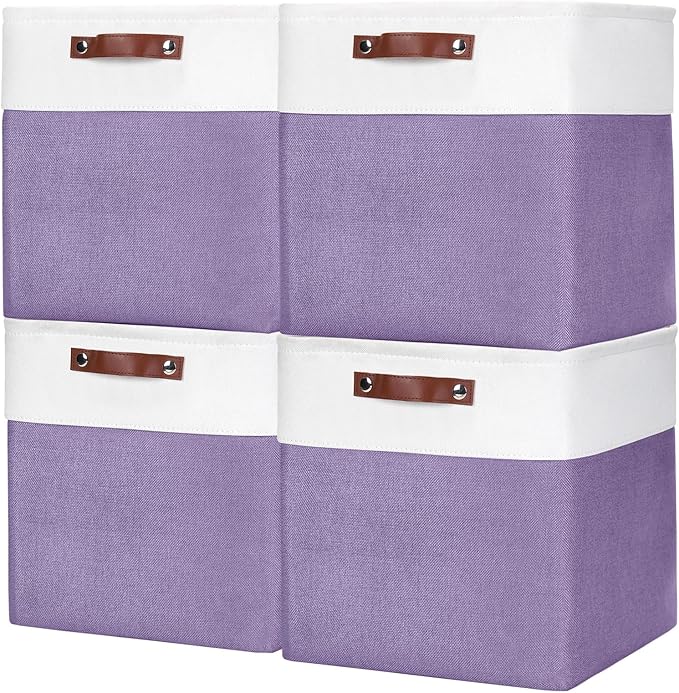 13x13 Cube Storage Bins, Collapsible Fabric Storage Box, 4 Pack Closet Baskets with Handles for Organizing, Shelf, Toys, Clothes, Home, Office, Nursery (Purple&White)-CubbioJoy