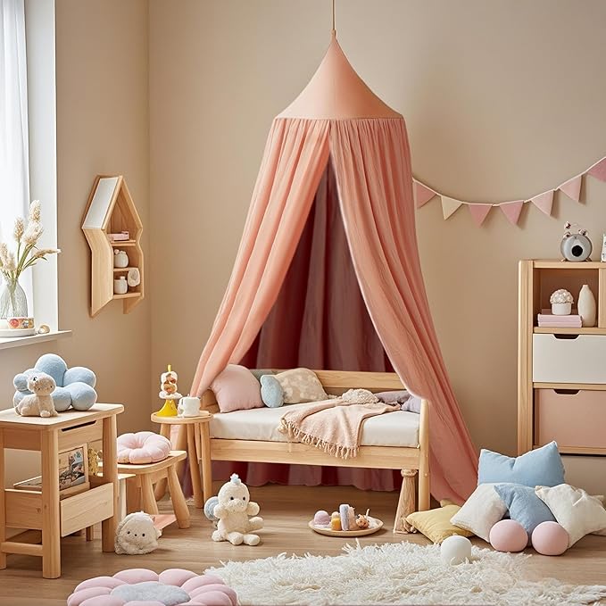 Cotton Kids Bed Canopy, Nursery Room Baby Crib Hanging Curtain Mosquito Net Hideaway Bedding Children Reading Nook Decoration, Pastel Neutral Color for Boys & Girls (Pink)-CubbioJoy