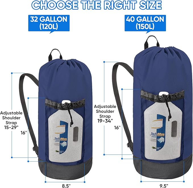 BALEINE 120L Laundry Bag Backpack, 900D Oxford Fabric Large Travel Laundry Bags with Shoulder Straps and 2 Mesh Pockets for College Dorm, Apartment, Laundromat (Navy, 120L)-CubbioJoy