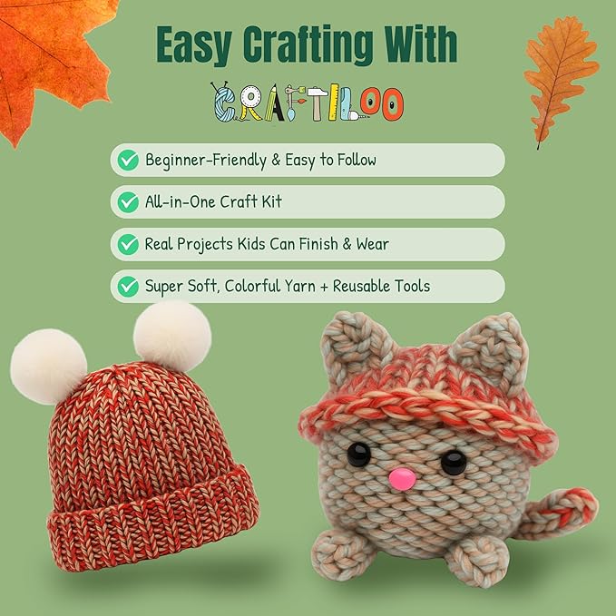 CRAFTILOO Knitting Kit for Kids – Beginner Knitting Kit to Make a Hat & Cat – Quick Knit Loom Kit with Yarn, Tools & Instructions – Knitting for Beginners Kit for Girls & Boys Ages 8+-CubbioJoy