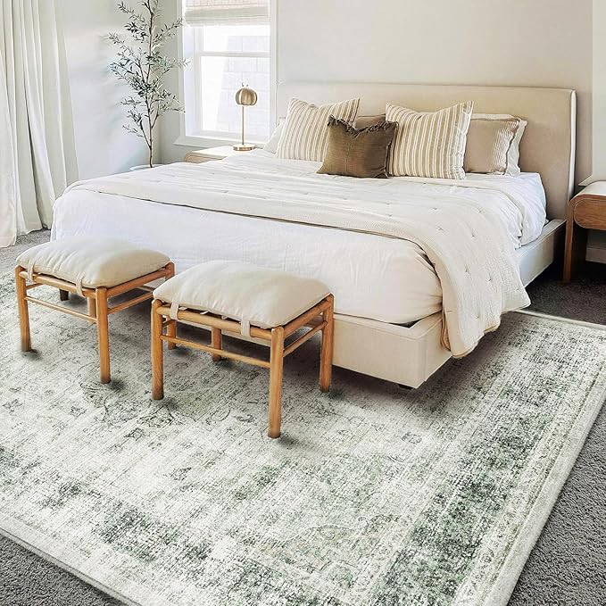 Area Rug 6'x9' Washable Floral Green Vintage Traditional Floor Cover Thin Retro Kitchen Indoor Distressed Non Slip Carpet for Living Room Bedroom Dining Room-CubbioJoy