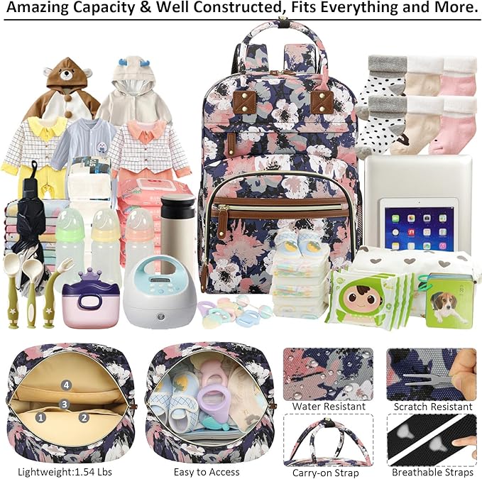 Diaper Bag Backpack Tote for Women Large Capacity, Multifunctional Waterproof Baby Bag with Insulated Pockets For Baby Girl Boy Mama, Maternity Bag Floral Painting-CubbioJoy