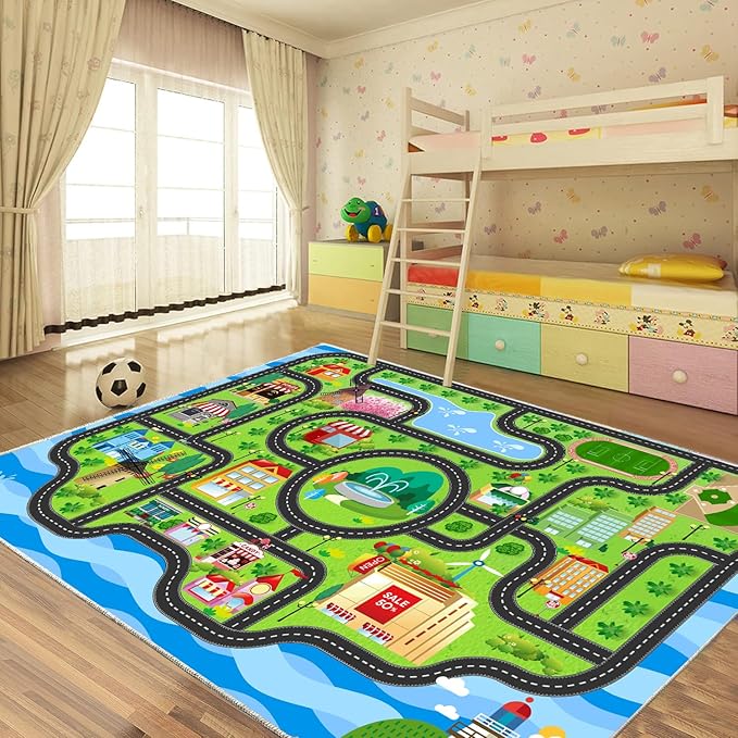 Car Rug,Kids Play Rug with Roads,Playroom Toy Car Rug, Car Track Rug City Map for Bedroom Classroom - (110X78.7 Inches)-CubbioJoy