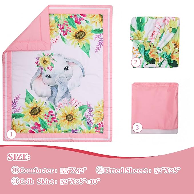 Cloele Crib Bedding Set for Baby Girls - 3 Piece Elephant Baby Bedding Set includes Pink Crib Skirt Crib Quilt Fitted Sheet - Sunflower Soft Nursery Comforter Bedding Set for Girls-CubbioJoy