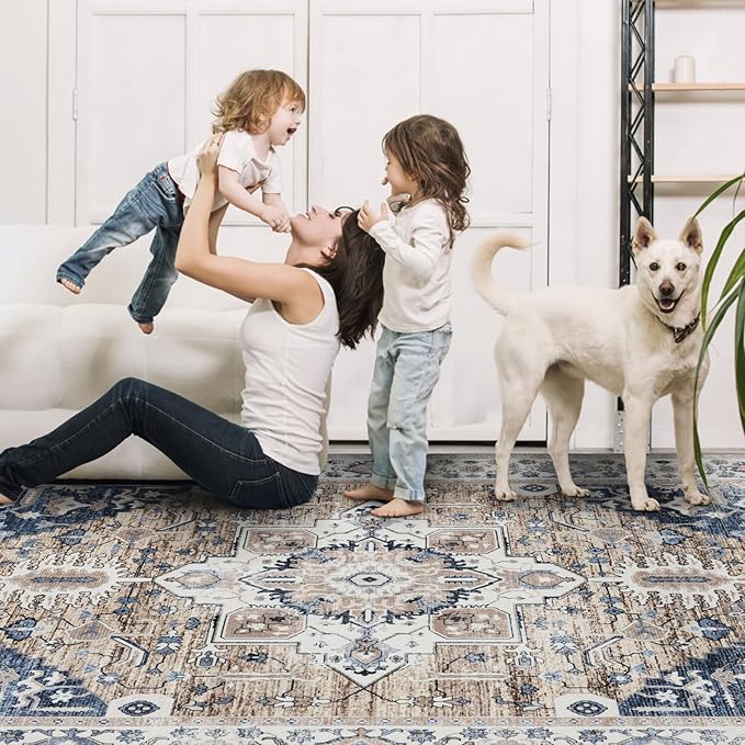 9x12 Area Rug Living Room Rugs, Stain Resistant Washable Rug, Vintage Large Non-Slip Backing, Low Pile Lightweight Print Rug for Bedroom Dinning Room Home Office (Taupe/Blue)-CubbioJoy