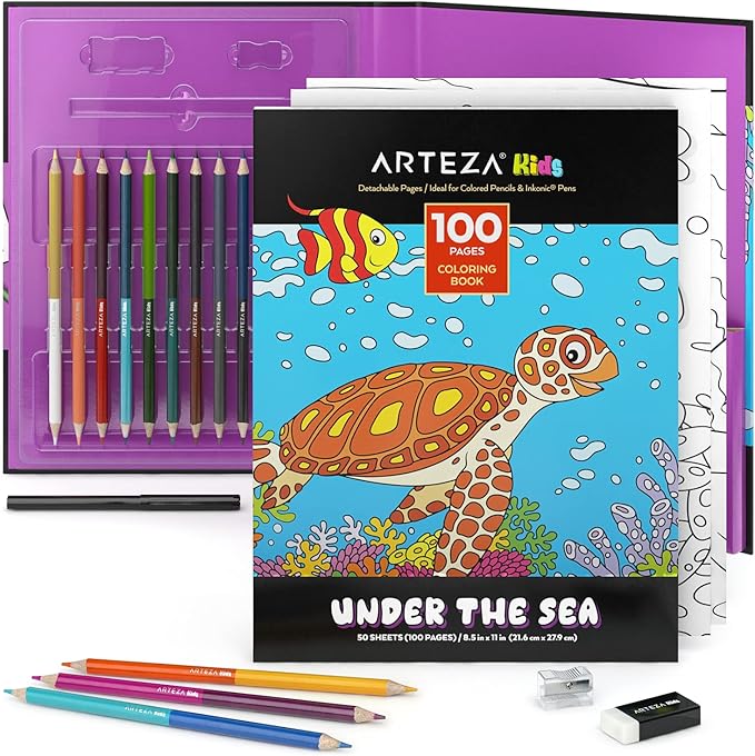 ARTEZA Kids Coloring Book and Colored Pencils Kit, 8.5x11 Inches, Sea Creature Illustrations, 50 Double-Sided Coloring Sheets, 100-lb Paper-CubbioJoy