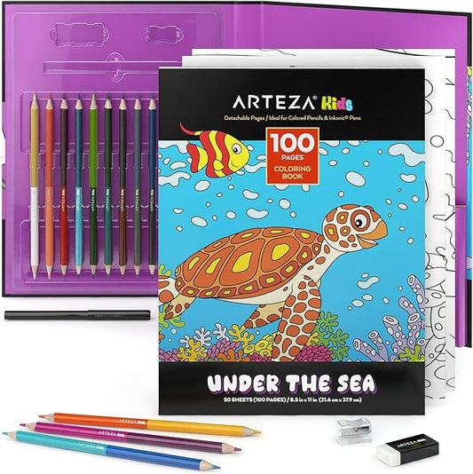 ARTEZA Kids Coloring Book and Colored Pencils Kit, 8.5x11 Inches, Sea Creature Illustrations, 50 Double-Sided Coloring Sheets, 100-lb Paper-CubbioJoy