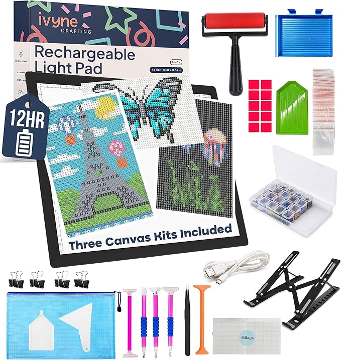 iVyne Rechargeable A4 Light Pad for Diamond Painting & Art Projects – LED Light Board with Diamond Art Accessories – Ultra-Thin & Portable Diamond Dot Light Board, Perfect for Artists - Black-CubbioJoy