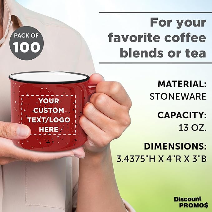 DISCOUNT PROMOS Custom Ceramic Campfire Coffee Mugs 13 oz. Set of 100, Personalized Bulk Pack - Perfect for Tea, Espresso, Cappuccino, Hot Cocoa - Red-CubbioJoy