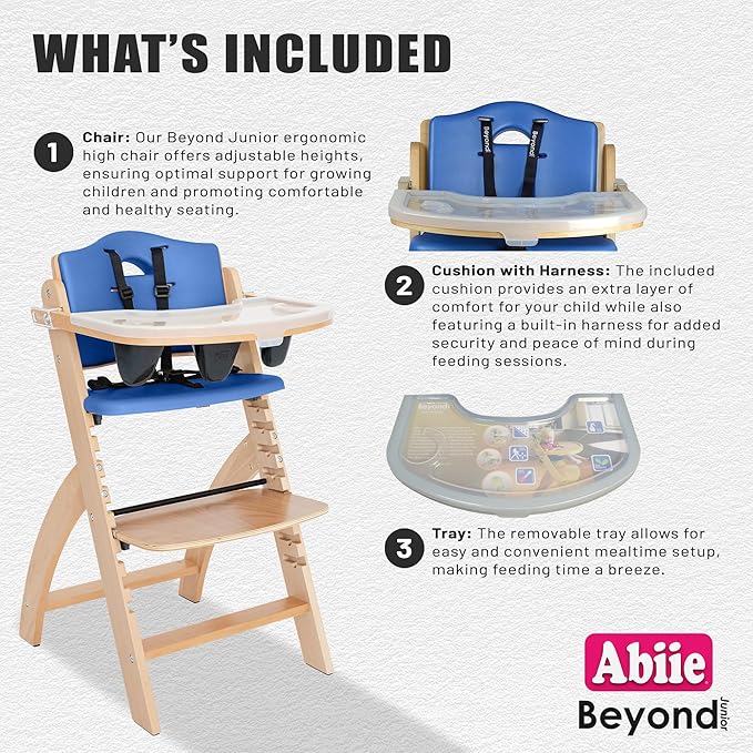 Abiie Beyond Junior Wooden High Chair with Tray - Adjustable and Convertible High Chair for Babies and Toddlers - 6 Months to 250 Lb - Water Resistant - Natural Wood/Blueberry Cushion-CubbioJoy