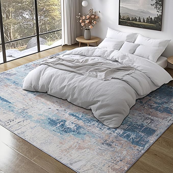 Area Rug Living Room Rug, 5x7 Modern Abstract Washable Rug Beige Blue Non Slip Foldable Faux Wool Vintage Carpet, Fluffy Non-Shedding Rugs for Living Room, Bedroom, Dining Room, Kids Playroom-CubbioJoy