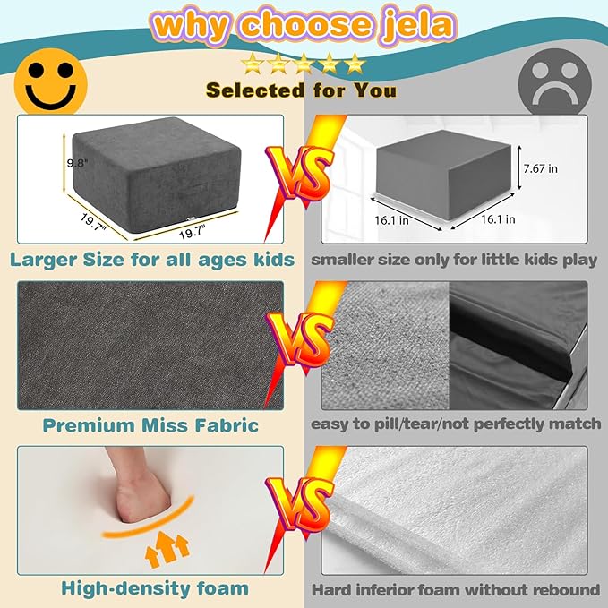 jela Foam Blocks 6Pcs Soft Play Equipment Luxury Miss Fabric, Toddler Climbing Toys Indoor Soft Play Climbing for Toddlers, Lightweight Climbing Blocks for Babies, Kids, Climb and Crawl Foam Playset-CubbioJoy