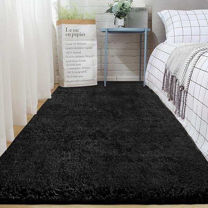 2x6 Runner Rug for Bedroom: Fluffy Shag Soft Washable Rugs Small Fuzzy Plush Indoor Carpet for Hallway Bedside Dorm Kids Girls Boys Room (Black, 2'x6')-CubbioJoy