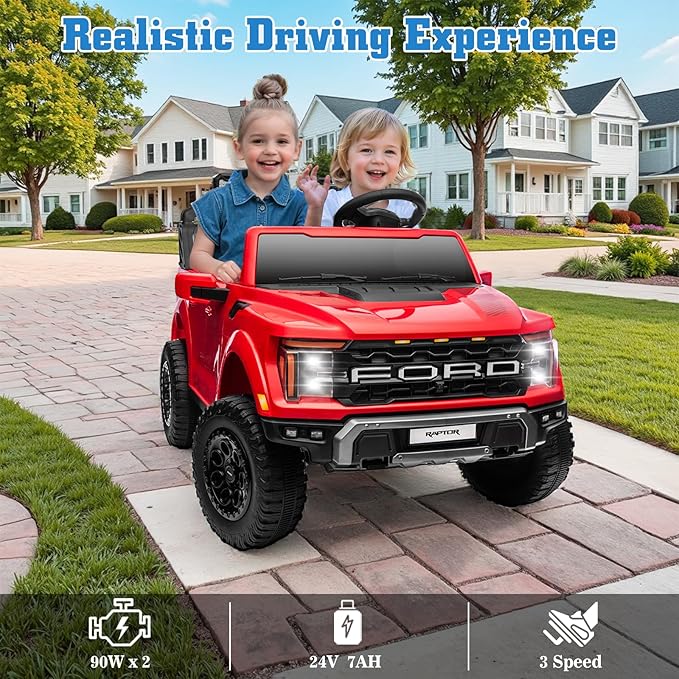 24V Ride on Car Licensed Ford F-150 Raptor, Kids Electric Car with Remote Control, LED Light/Music/MP3, Truck Bed Storage, 3-Point Seat Belt (24V, Red)-CubbioJoy