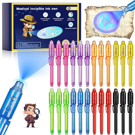 Invisible Ink Pen 24Pcs, Spy Pens with UV Light, Magic Marker, Classroom Prize, Birthday party favors for kids 8-12, Kids Christmas Gift Stocking Stuffers-CubbioJoy