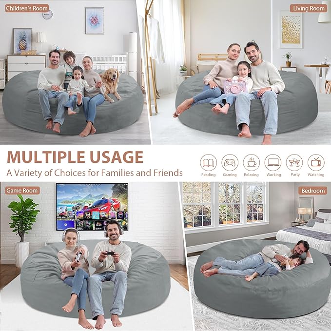 7FT Bean Bag Chair, Large Bean Bag Chairs with Memory Foam Filled, Fluffy Beanbag Sofa with Dutch Velvet Cover, Round BeanBag Chairs for Living Room, Playroom - Light Grey-CubbioJoy