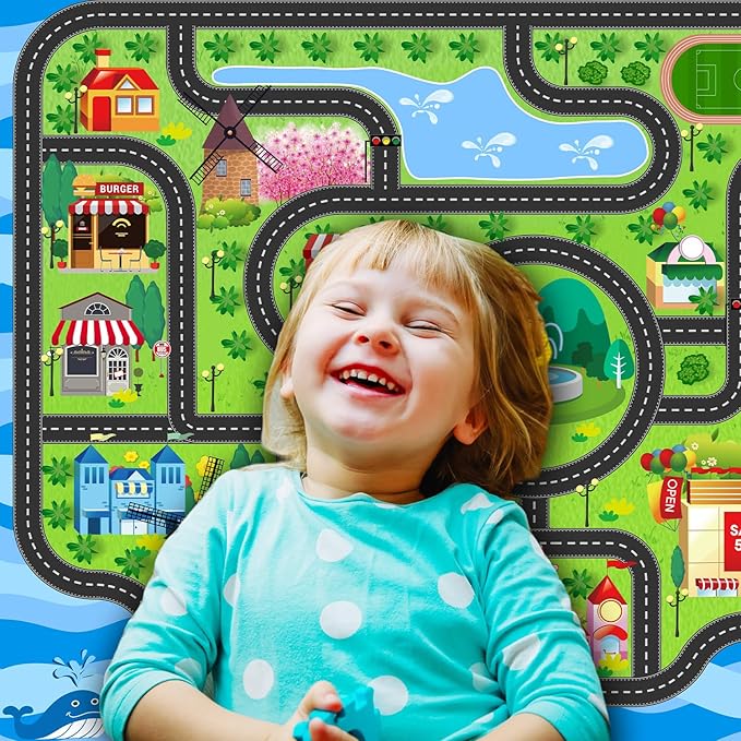 Car Rug,Kids Play Rug with Roads,Playroom Toy Car Rug, Car Track Rug City Map for Bedroom Classroom - (59X39.4 Inches)-CubbioJoy