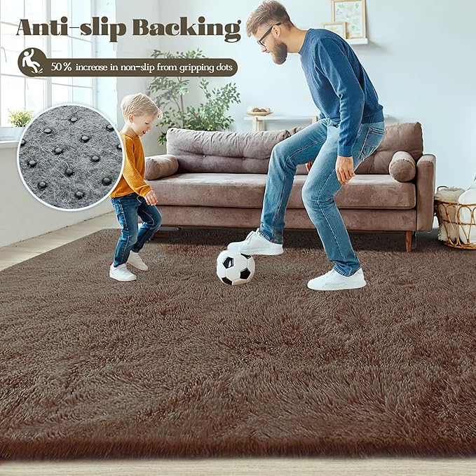 6x9 Area Rug for Living Room: Fluffy Shag Soft Washable Rugs Large Fuzzy Plush Indoor Carpet for Bedroom Nursery Playroom Kids Girls Boys Room (Coffee, 6'x9')-CubbioJoy