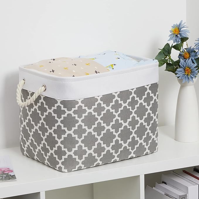 Bidtakay Large Fabric Storage Basket Set of 2 Collapsible Rectangle Basket for Shelves 16" X 11.8" X 11.8" Decorative Organizer Bins for Clothes Toys(White&Quatrefoil Grey)-CubbioJoy