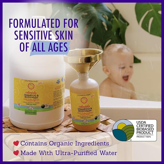 California Baby Calendula Shampoo and Body Wash | 100% Plant-Based | Allergy Friendly | Soothing Baby Soap and Toddler Shampoo for Dry, Sensitive Skin | 19 oz. (2-pack)-CubbioJoy